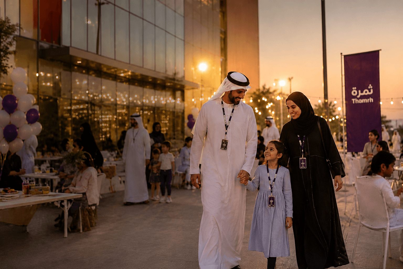 An Emirati family walking together at a Thamrh community experience in the UAE